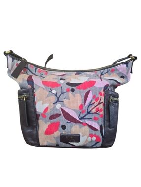 Fossil Floral Emerson Canvas Leather Hobo Crossbody Handbag